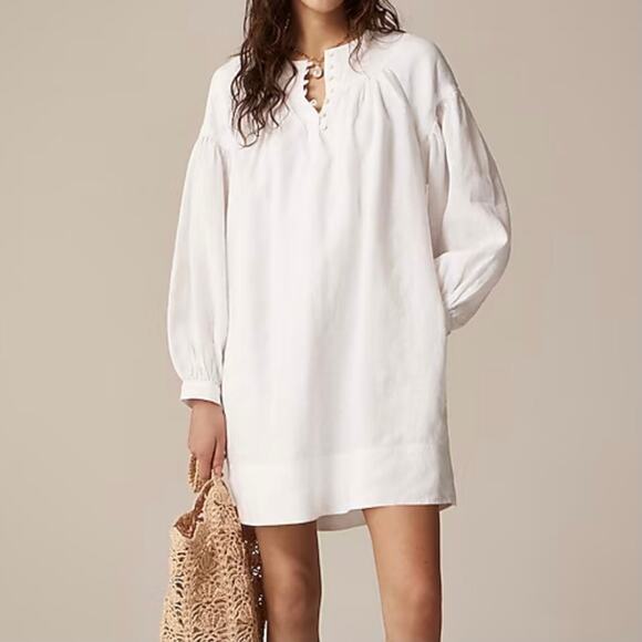 J.Crew Gathered Popover Dress Mini Linen Long Sleeve Beach Holiday CJ500 White M - Picture 1 of 16